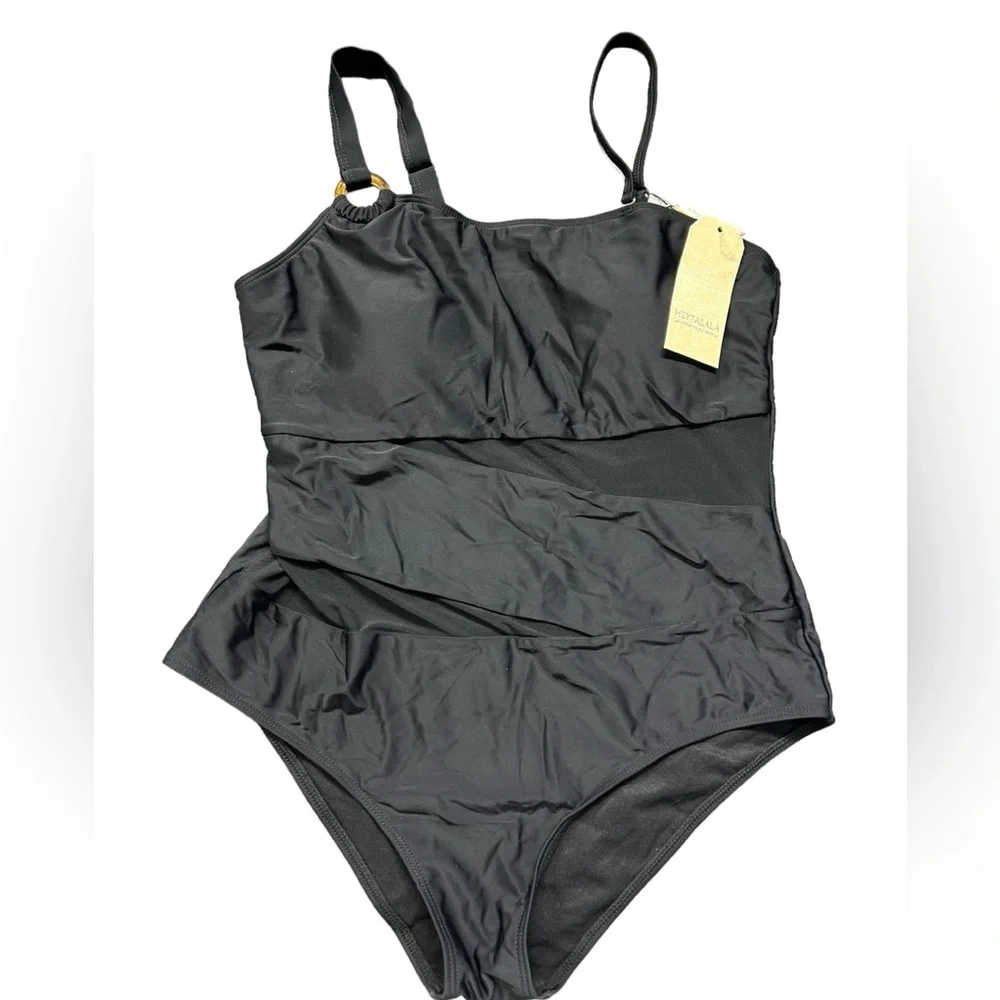 HEYTALALA womens black one piece swimsuit w mesh panel middle size XL NWT - Picture 3 of 7